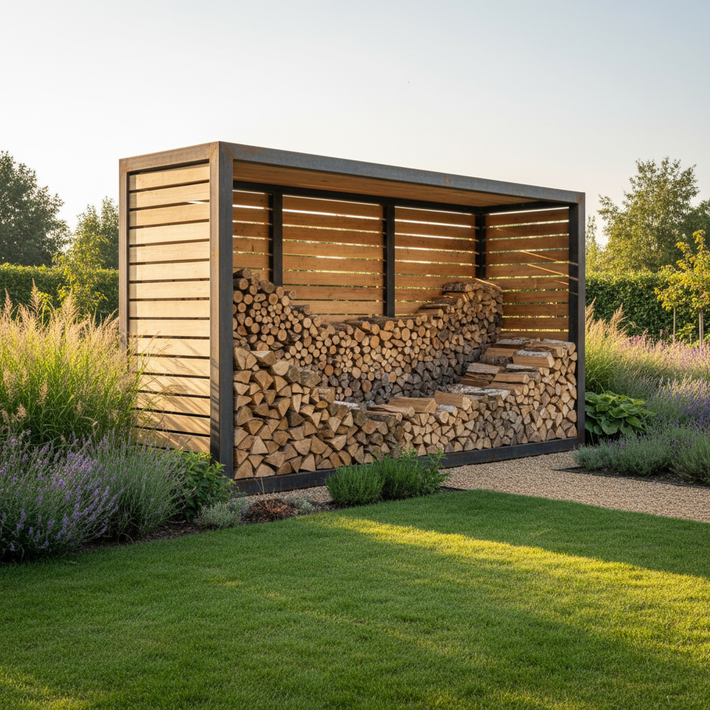 Fotorealistyczne zdjęcie przedstawiające estetyczną, nowoczesną drewutnię, wypełnioną równo ułożonym drewnem kominkowym, stojącą w zadbanym ogrodzie. Słońce delikatnie oświetla scenę, podkreślając naturalną teksturę drewna i tworząc ciepłą, przytulną atmosferę.