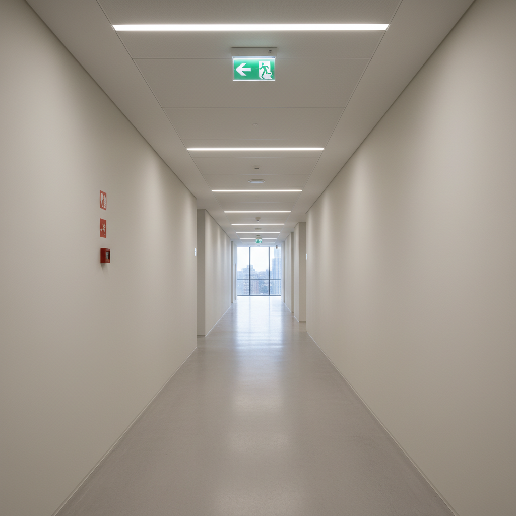 Jasny, szeroki i pusty korytarz w nowoczesnym budynku biurowym. Na ścianie widoczne są subtelne, ale wyraźne oznaczenia drogi ewakuacyjnej i symbol gaśnicy. Podłoga jest gładka, a oświetlenie LED w suficie tworzy poczucie przestrzeni i bezpieczeństwa. Perspektywa prowadzi wzrok w głąb korytarza.