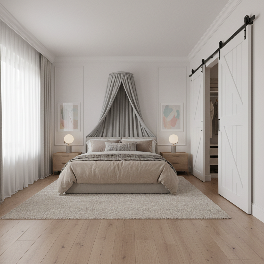 Eleganckie, minimalistyczne wnętrze sypialni z białymi drzwiami przesuwnymi naściennymi w stylu 'barn door' na czarnej, metalowej prowadnicy. Drzwi oddzielają sypialnię od garderoby. Stonowana kolorystyka, drewniane akcenty i miękkie tekstylia tworzą spokojną atmosferę.