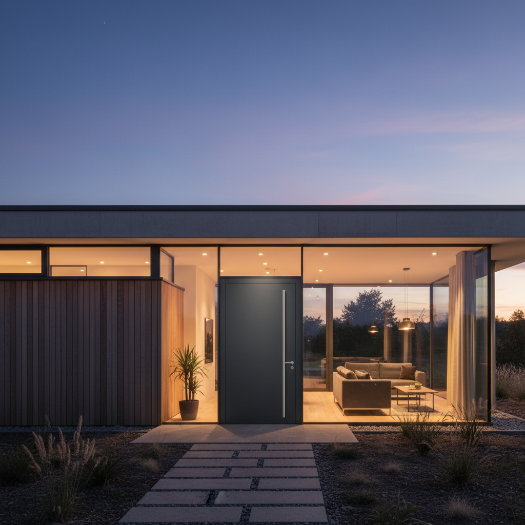 Nowoczesny, minimalistyczny dom pasywny z dużymi przeszkleniami, o zmierzchu. Główne wejście jest wyraźnie widoczne, wyposażone w eleganckie, ciemne aluminiowe drzwi Schüco ADS 112 IC z długim, pionowym pochwytem ze stali nierdzewnej. Ciepłe światło emanuje z wnętrza domu, tworząc przytulną i einwitującą atmosferę.