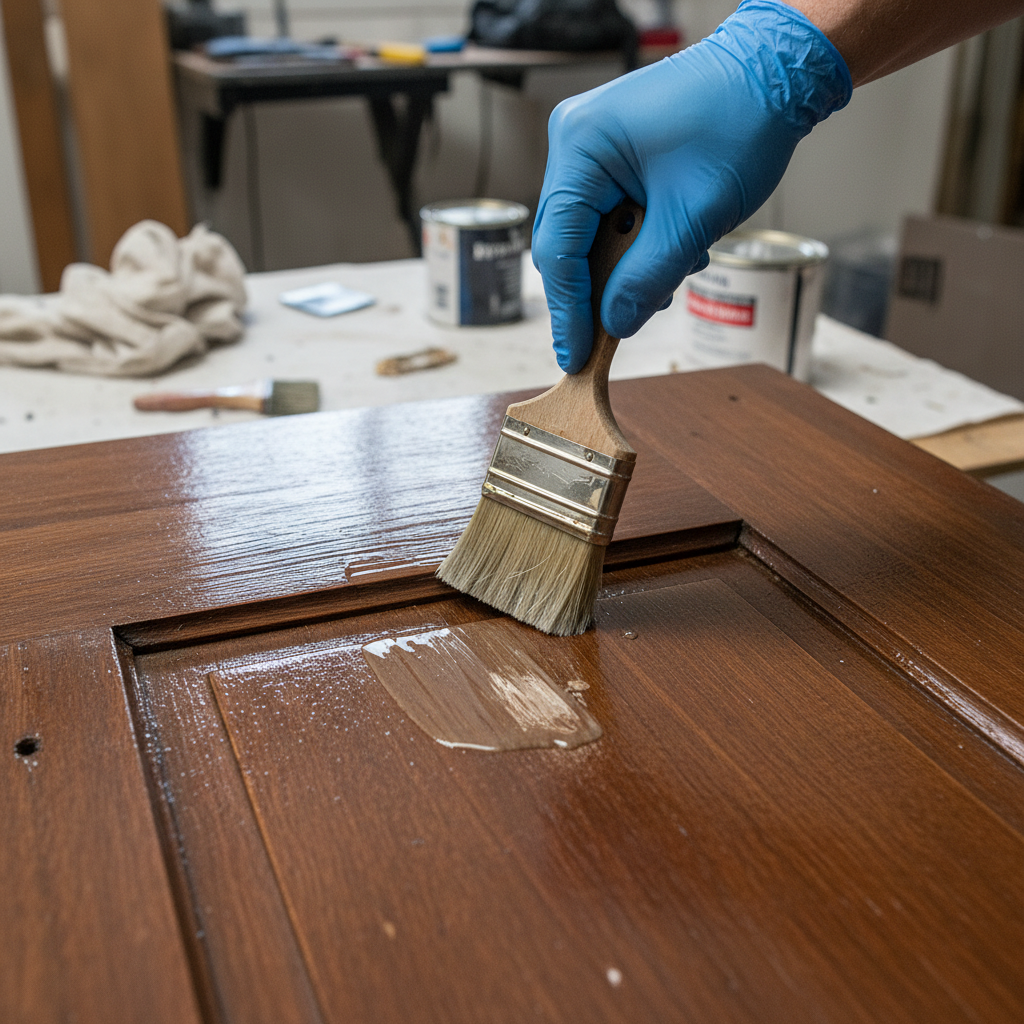 Dłoń w rękawicy nanosi lakier na odnowione drzwi drewniane.