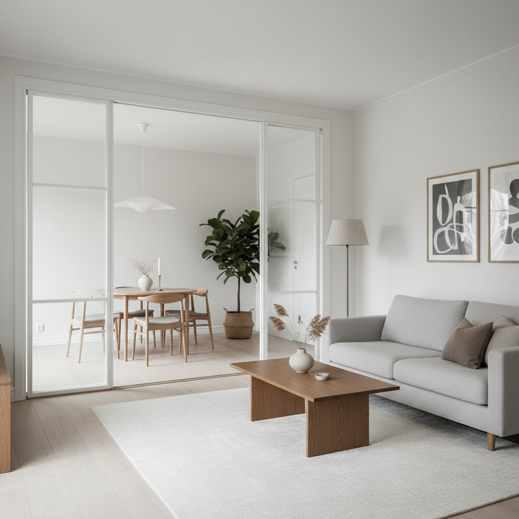 Jasny, nowoczesny salon w stylu skandynawskim z dużymi, przeszklonymi drzwiami przesuwnymi prowadzącymi do jadalni. Wnętrze jest minimalistyczne, z drewnianą podłogą i neutralnymi kolorami. Miękkie, naturalne światło wpada do pomieszczenia, podkreślając przestronność i elegancję rozwiązania.
