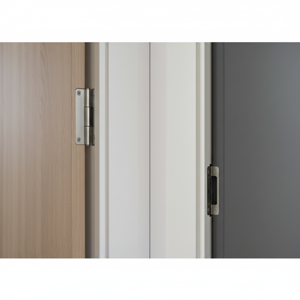 Zdjęcie przedstawiające zbliżenie na krawędź drzwi przylgowych i bezprzylgowych, ukazujące różnicę w budowie i sposobie zamykania się w ościeżnicy. Tło neutralne, oświetlenie podkreślające detale konstrukcyjne.