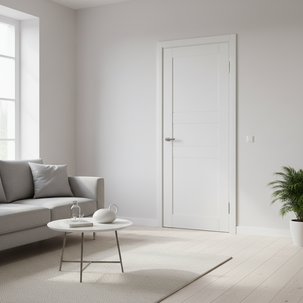 Eleganckie, białe drzwi wewnętrzne Classen zamontowane w nowoczesnym, jasnym salonie. Wnętrze jest minimalistyczne, z drewnianą podłogą i stylowymi meblami. Delikatne światło dzienne wpada przez okno, podkreślając czystość formy i jakość wykonania drzwi i ościeżnicy.