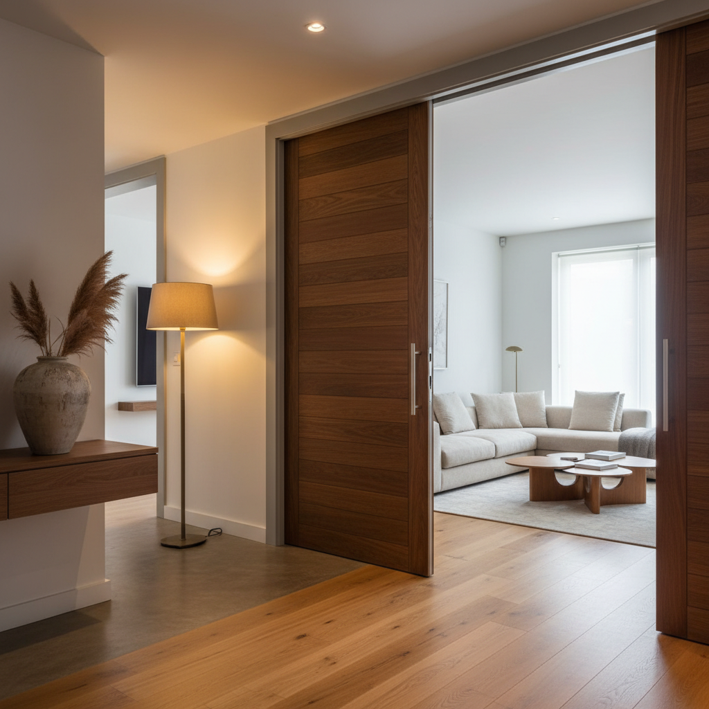 Jasne, nowoczesne wnętrze mieszkania w stylu skandynawskim, w którym centralnym punktem są eleganckie białe drzwi wewnętrzne z czarną klamką. Promienie słońca wpadają przez okno, oświetlając drewnianą podłogę. W tle widać fragment salonu z sofą i roślinami doniczkowymi. Estetyka minimalistyczna, ciepła i przytulna, fotografia produktowa.