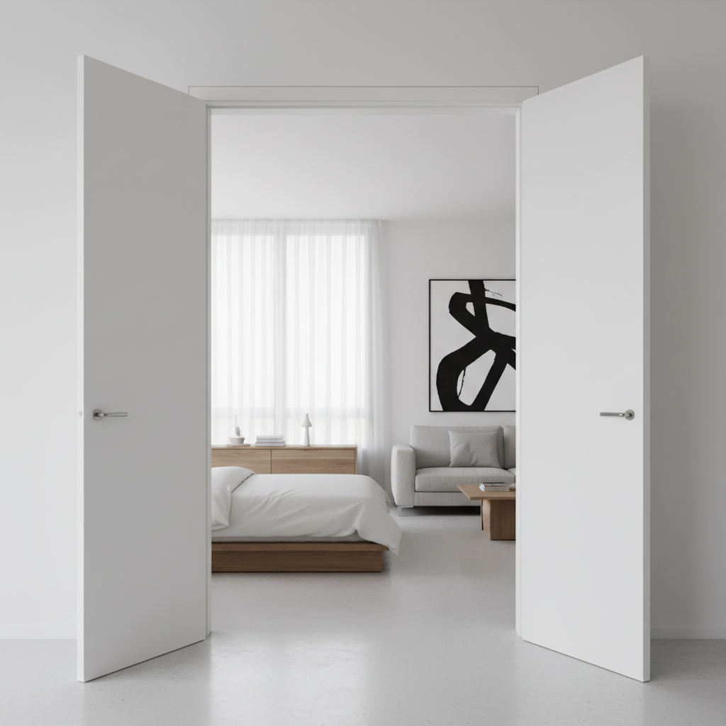 Stylowe, nowoczesne mieszkanie z otwartymi białymi drzwiami wewnętrznymi z MDF, prowadzącymi do sypialni. W tle widać minimalistycznie urządzony salon.
