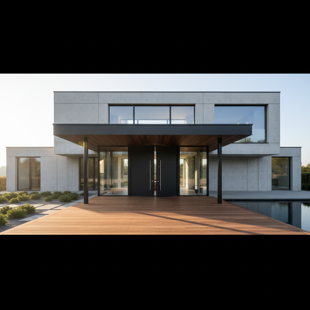 Nowoczesny dom z dużym, zadaszonym podestem, na którym eleganckie, ciemne drzwi wejściowe otwierają się na zewnątrz. Słońce oświetla wejście, podkreślając przestronność i funkcjonalność tego rozwiązania.