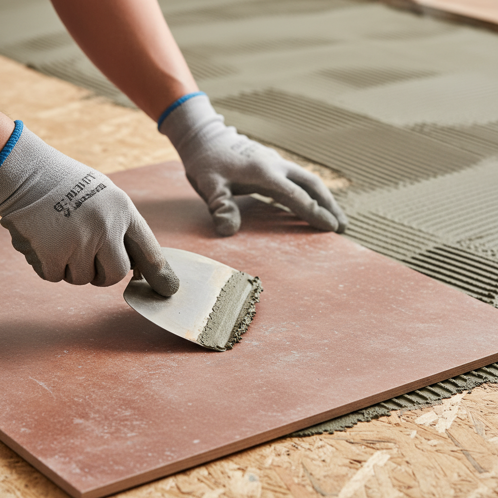 Zbliżenie na dłonie fachowca w rękawicach roboczych, który gładką stroną pacy nanosi cienką warstwę zaprawy klejącej na spodnią stronę dużej, eleganckiej płytki terakotowej. W tle widać fragment podłogi z OSB z już rozprowadzonym klejem za pomocą pacy zębatej.