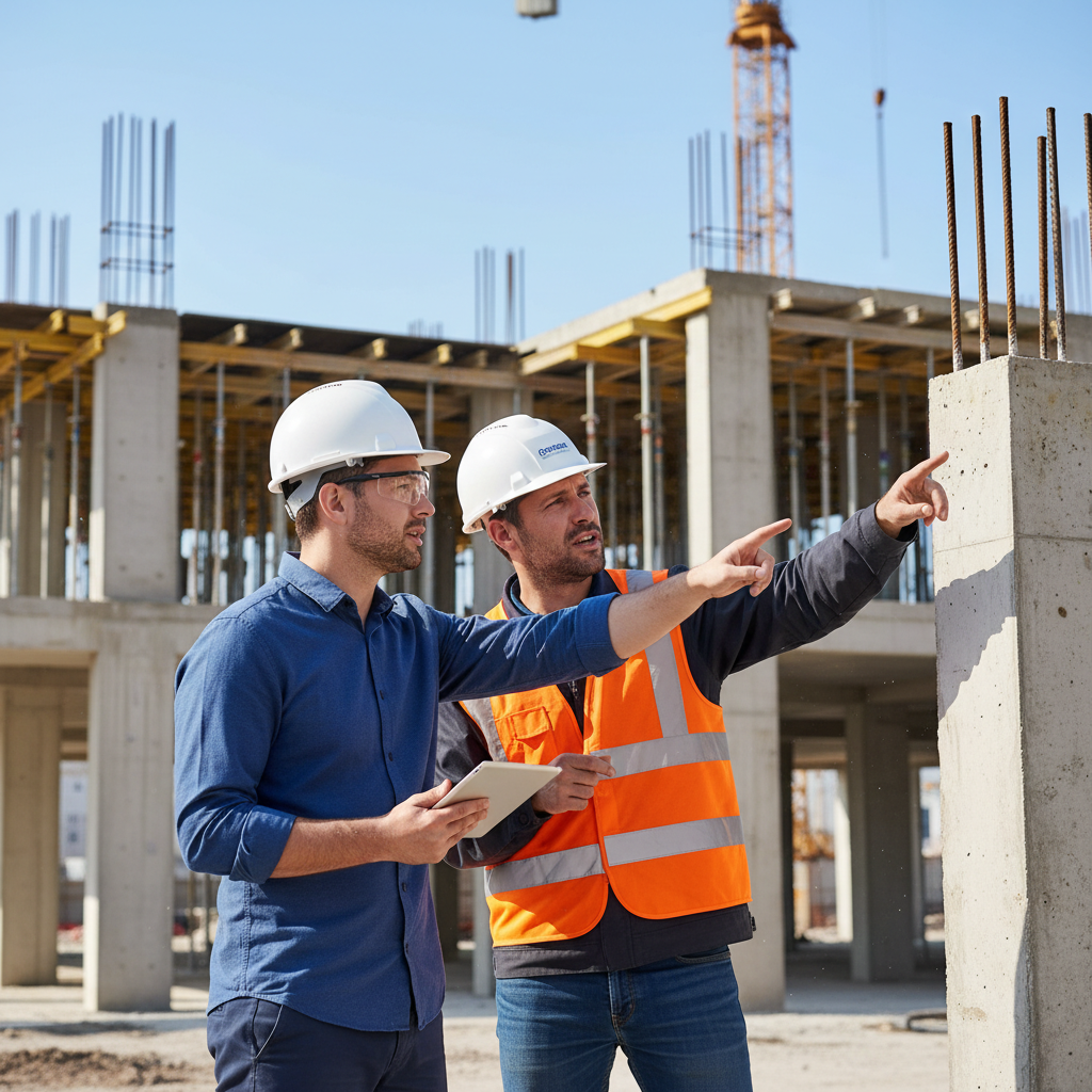 Realistyczne, dynamiczne ujęcie dwóch osób – architekta w kasku trzymającego tablet oraz wykonawcy w kamizelce odblaskowej – stojących na tle budowy w stanie surowym. Prowadzą ożywioną dyskusję, wskazując na elementy konstrukcyjne. Scena jest dobrze oświetlona naturalnym światłem dziennym, co podkreśla atmosferę współpracy i rozwiązywania problemów w praktyce.