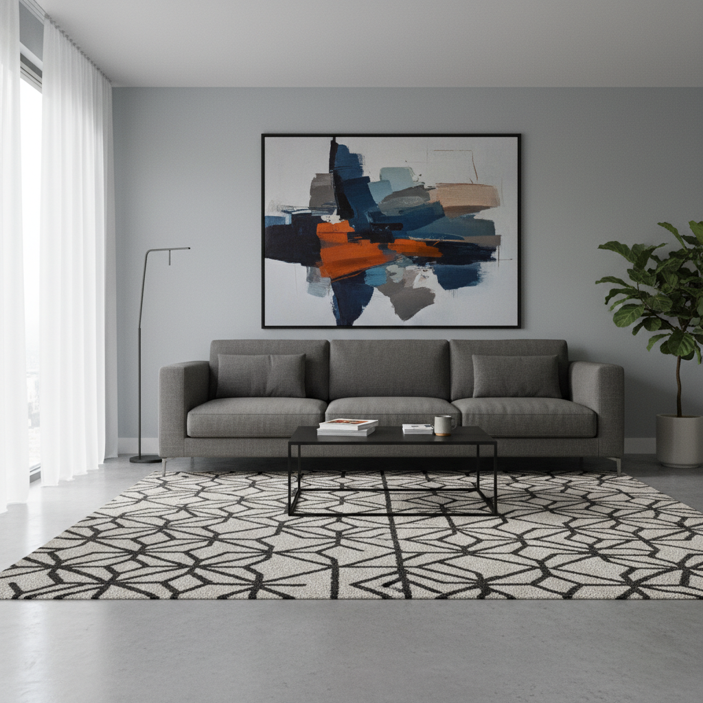 Nowoczesny salon z szarą sofą, czarnym metalowym stolikiem kawowym i dużym, abstrakcyjnym obrazem na ścianie. Na podłodze z polerowanego betonu leży dywan w odważny, czarno-biały geometryczny wzór, który stanowi centralny punkt aranżacji.