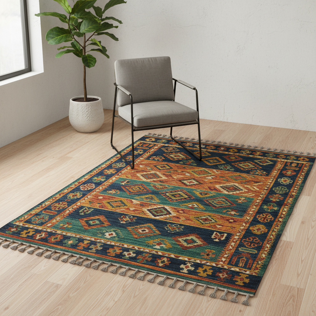 Ujęcie z góry na fragment salonu, gdzie na pięknej, olejowanej podłodze z desek dębowych w jodełkę, leży gruby, pleciony dywan w kolorze naturalnej wełny. Na dywanie stoi nowoczesny, minimalistyczny stolik kawowy z czarnego metalu.