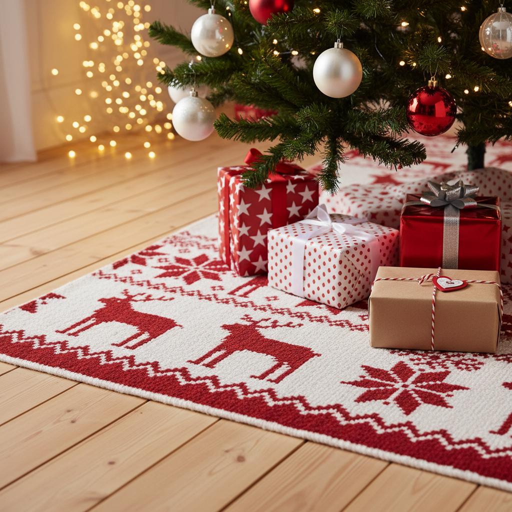 Zbliżenie na fragment biało-czerwonego, płasko tkanego dywanu z widocznym wzorem reniferów i płatków śniegu. Dywan leży na jasnej, drewnianej podłodze, tuż obok podstawy ubranej choinki, na której wiszą białe i czerwone bombki. Wokół leży kilka pięknie zapakowanych prezentów, a w tle widać delikatne, ciepłe światła lampek choinkowych.