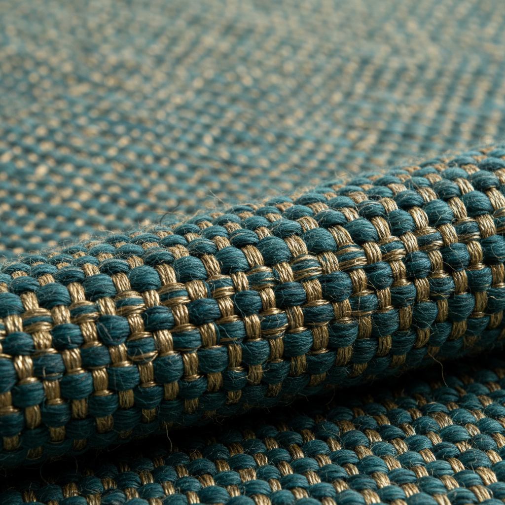 Zbliżenie na fragment ręcznie tkanego dywanu Verdi. Ujęcie z boku, pod kątem, aby pokazać grubość splotu i teksturę. Delikatne światło pada na dywan, wydobywając subtelny połysk wplecionych w niego metalowych nici, które kontrastują z matowymi, naturalnymi włóknami Fique w odcieniach głębokiego turkusu i złota.