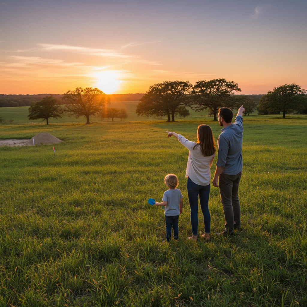 Rodzina z dzieckiem stojąca na pustej, zielonej działce budowlanej o zachodzie słońca, patrząca w dal i planująca przyszły dom. W tle malowniczy krajobraz z kilkoma drzewami.