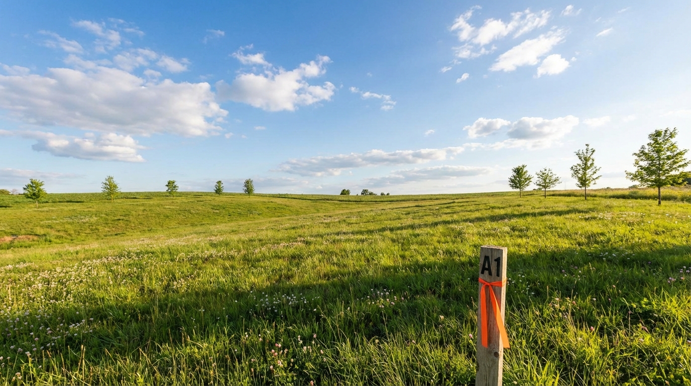 Szerokokątne ujęcie malowniczej, pustej działki budowlanej w słoneczny dzień. Działka jest lekko pofałdowana, porośnięta zieloną trawą, z kilkoma młodymi drzewami na horyzoncie. Niebo jest błękitne z nielicznymi białymi chmurami. W rogu zdjęcia widać drewniany kołek geodezyjny, symbolizujący początek budowy. Całość emanuje spokojem, potencjałem i obietnicą przyszłego domu.