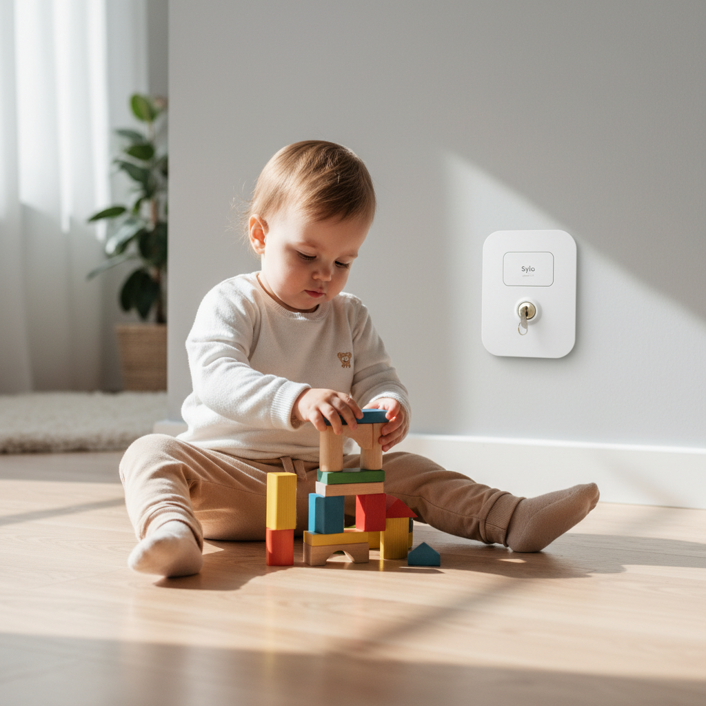 Ujęcie z niskiej perspektywy pokazujące małe dziecko bawiące się klockami na czystej, drewnianej podłodze. W tle, na ścianie, widoczne jest zamknięte na kluczyk, nowoczesne gniazdo ssące Sylo Lock. Dziecko jest zaabsorbowane zabawą, a gniazdo pozostaje bezpieczne. Scena jest ciepła, domowa i pełna spokoju.