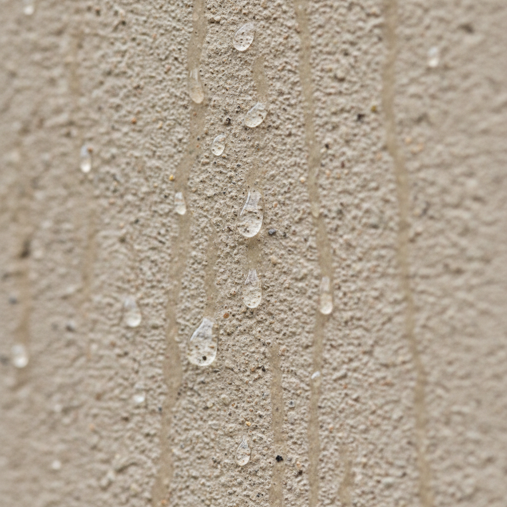Zbliżenie na krople deszczu spływające po teksturze tynku silikatowo-silikonowego, demonstrujące jego właściwości hydrofobowe i efekt samoczyszczenia.