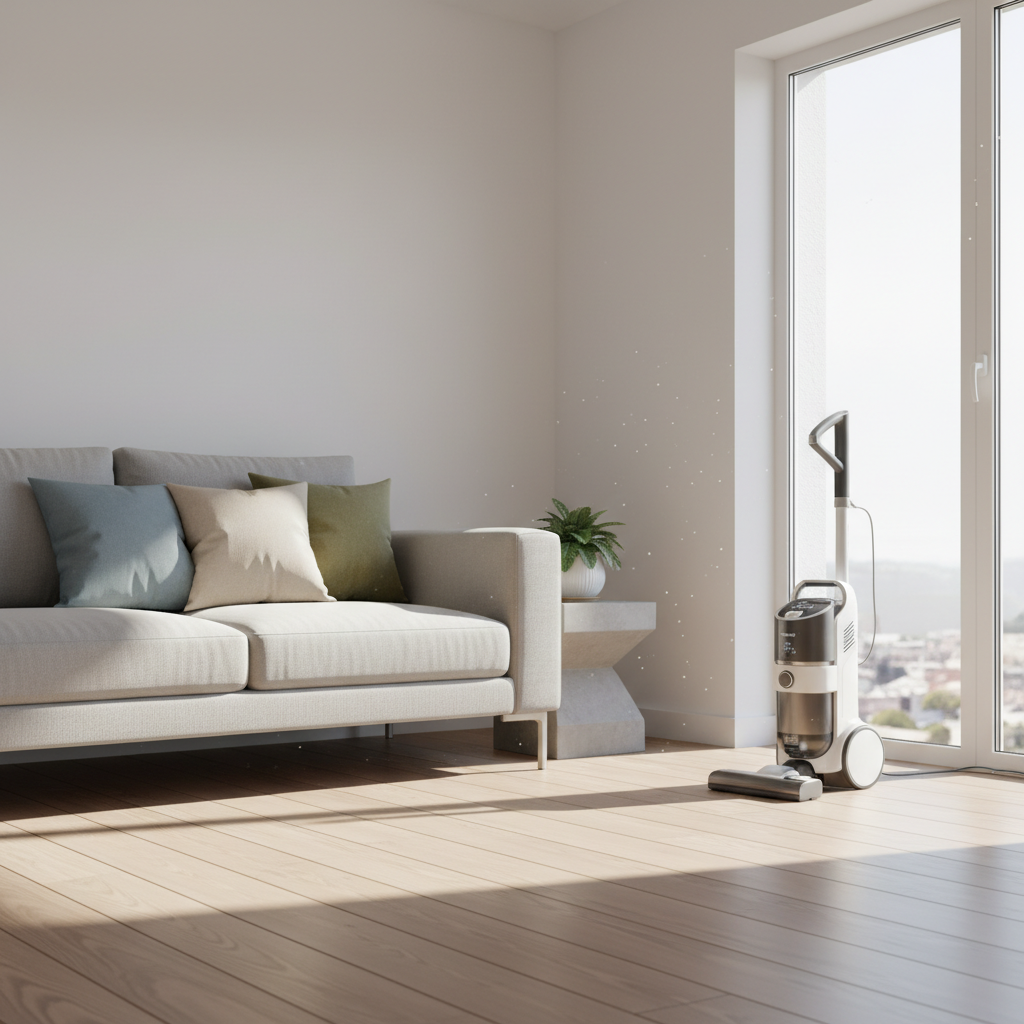 Nowoczesny, energooszczędny odkurzacz stojący w rogu jasnego, minimalistycznego salonu z drewnianą podłogą. Obok na kanapie leży kilka ozdobnych poduszek. Światło słoneczne wpada przez duże okno, tworząc atmosferę czystości i spokoju.