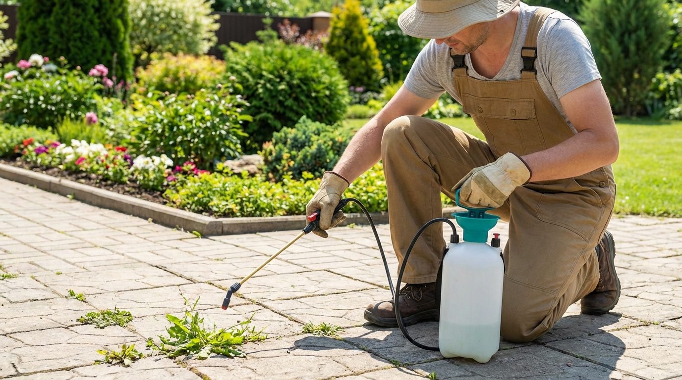 Osoba w stroju ogrodniczym, trzymająca ręczny opryskiwacz ciśnieniowy, spryskuje zielone chwasty wyrastające spomiędzy płyt kostki brukowej. Scena jest jasna, słoneczna, w tle widać zadbany ogród.