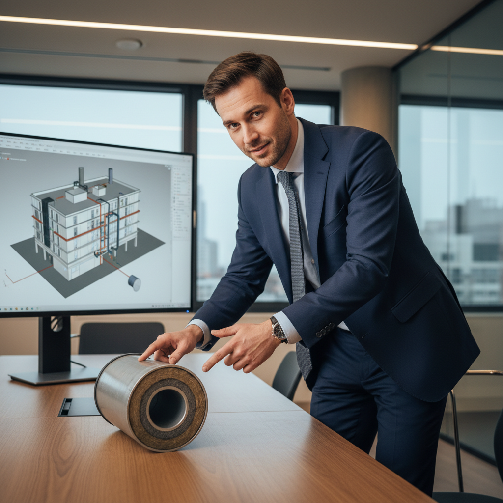 Profesjonalista, projektant lub doradca techniczny, w nowoczesnym biurze, wskazujący na przekrój rury z izolacją techniczną leżący na stole. W tle na monitorze komputera widać wizualizację budynku lub oprogramowanie typu CAD. Stonowane kolory, profesjonalny i pomocny nastrój.