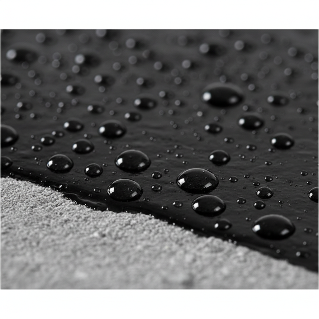 Zbliżenie w skali makro na czarną, bitumiczną powłokę uszczelniającą nałożoną na szarą, betonową powierzchnię. Na powłoce widać krople wody, które idealnie perlą się na jej powierzchni, demonstrując doskonałą hydrofobowość. Światło subtelnie odbija się od elastycznej, lekko satynowej tekstury materiału.