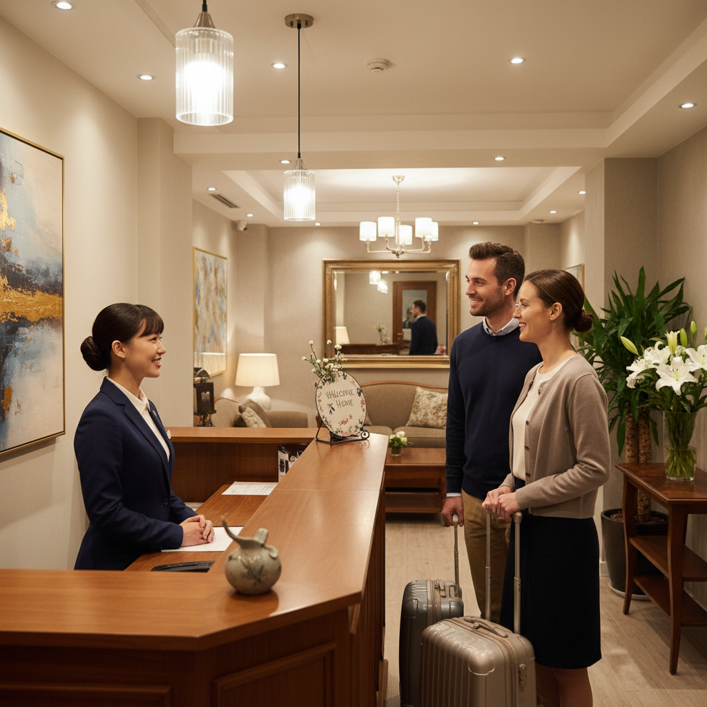 Elegancka recepcja małego hotelu z uśmiechniętą recepcjonistką witającą gości. Ciepłe, przytulne oświetlenie. Zdjęcie w stylu "welcome".