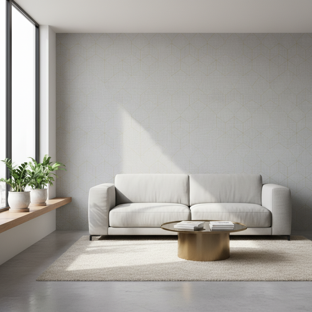 Nowoczesny, jasny salon z jedną ścianą akcentową pokrytą tapetą flizelinową o subtelnym, geometrycznym wzorze w odcieniach szarości i złota. Na tle tapety stoi minimalistyczna sofa i stolik kawowy. Światło dzienne wpada przez duże okno, podkreślając fakturę tapety.