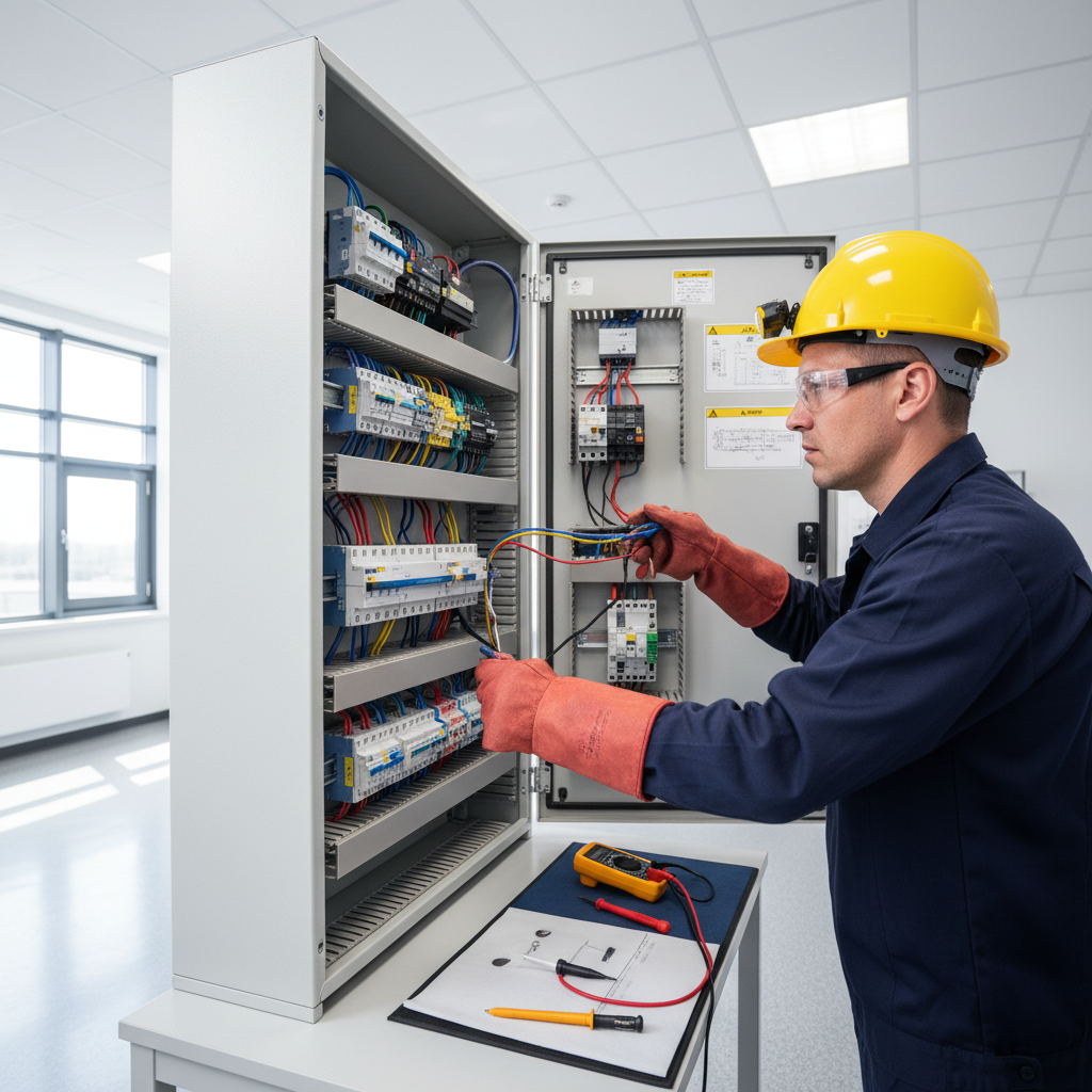 Profesjonalny elektryk w hełmie ochronnym i rękawicach izolacyjnych, skupiony na pracy przy nowoczesnej, otwartej skrzynce rozdzielczej w jasnym, czystym pomieszczeniu. Światło podkreśla detale sprzętu i dbałość o bezpieczeństwo.
