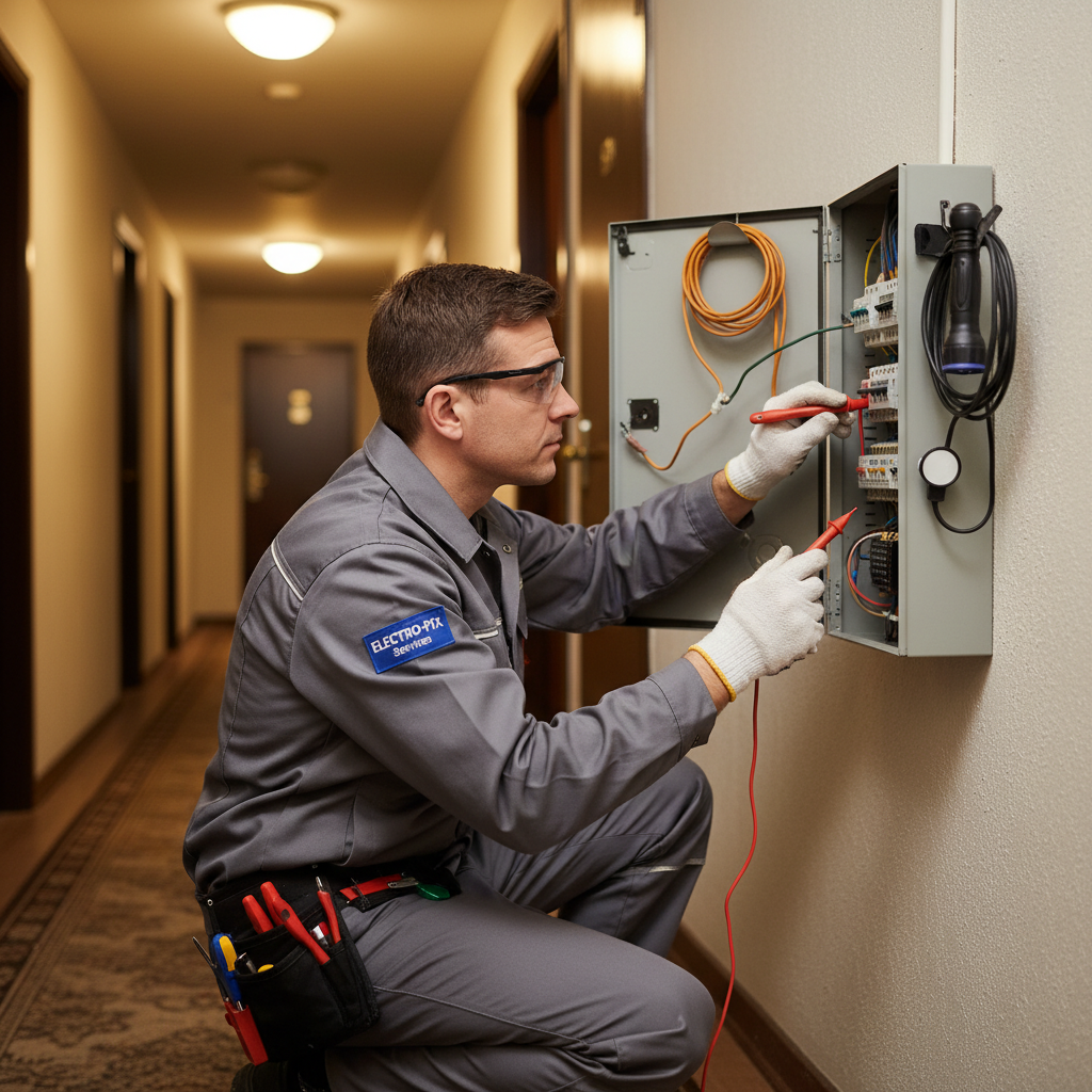 Profesjonalny elektryk w firmowym stroju, skupiony na pracy przy otwartej skrzynce z bezpiecznikami w korytarzu bloku mieszkalnego. Używa specjalistycznych narzędzi, a jego postawa wyraża kompetencję i spokój.