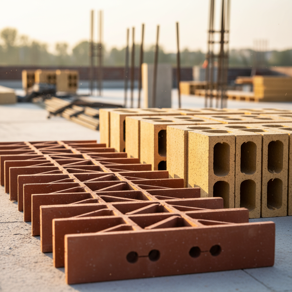 Zbliżenie na plac budowy, gdzie widać ułożone obok siebie elementy stropu Fert: czerwoną, ceramiczną stopkę belki kratownicowej oraz kilka pustaków ceramicznych. Kompozycja jest estetyczna i czysta, a tło delikatnie rozmyte. Ciepłe, poranne światło.