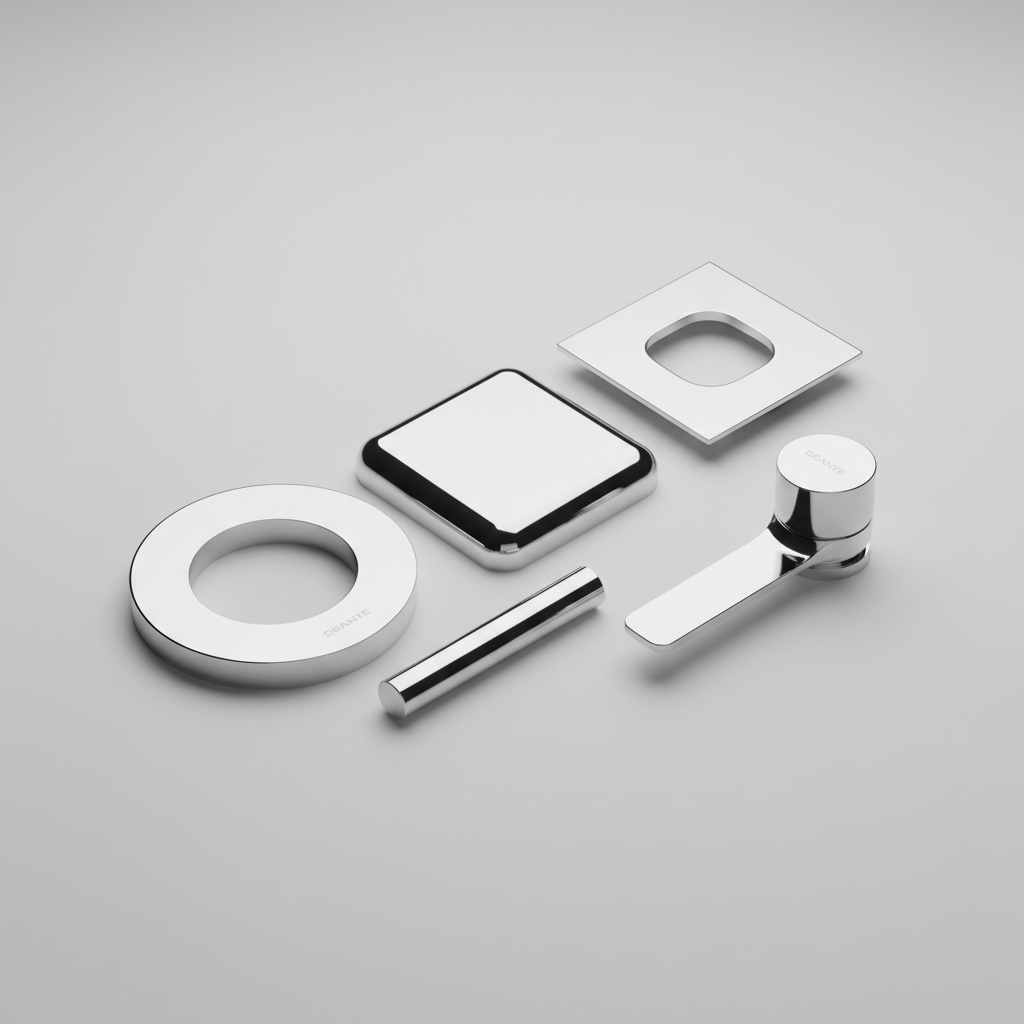 Artystyczna kompozycja na neutralnym tle, prezentująca trzy warianty maskownic Deante (okrągłą, zaokrągloną i kwadratową) oraz dwie różne dźwignie do baterii mieszaczowej. Elementy są ułożone w przemyślany sposób, podkreślając ich precyzyjne wykonanie i chromowane wykończenie.