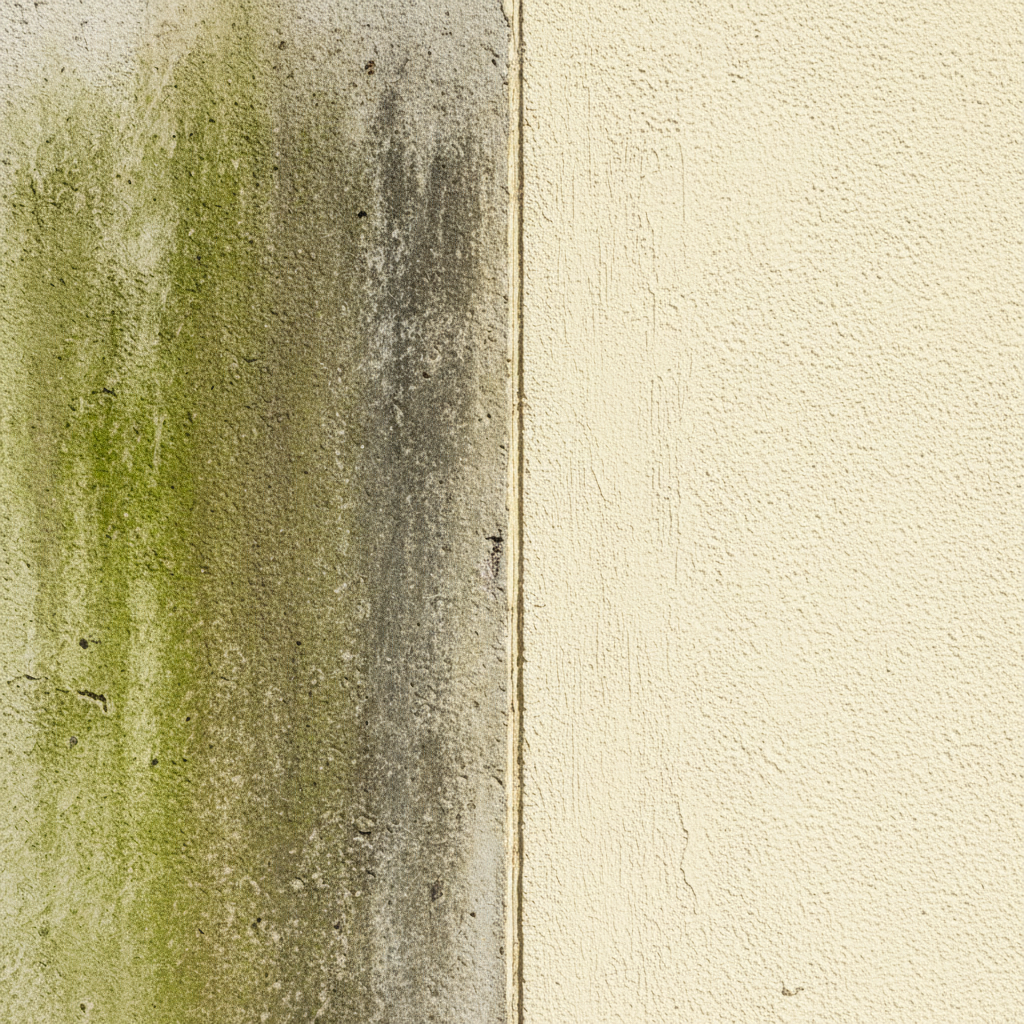 Ujęcie ściany budynku w połowie. Po lewej stronie ściana jest wyraźnie zabrudzona, z zielonymi nalotami glonów i szarymi zaciekami. Po prawej stronie ta sama ściana jest idealnie czysta, ukazując żywy kolor i fakturę tynku. Granica między obiema częściami jest ostra, co dramatycznie pokazuje efekt zabiegów konserwacyjnych.