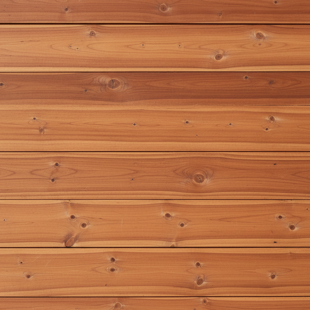 Zbliżenie na elewację wykonaną z desek cedru kanadyjskiego. Widoczna jest piękna, ciepła barwa drewna, jego naturalne usłojenie i tekstura. Deski są ułożone poziomo, a słońce delikatnie oświetla ich powierzchnię, podkreślając naturalne piękno materiału.