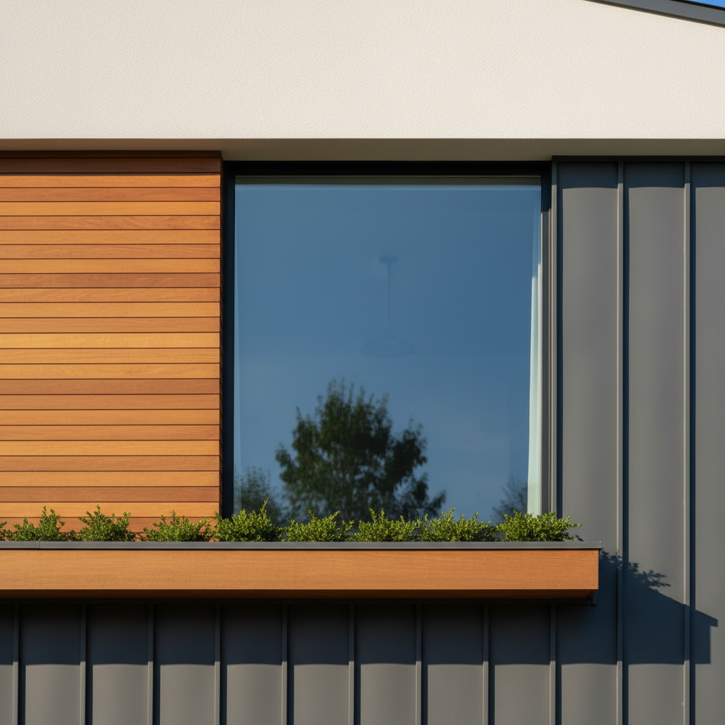 Zbliżenie na fragment nowoczesnej elewacji domu, pokazujące połączenie białego tynku, naturalnego drewna i ciemnoszarych paneli. Nowoczesne, duże okno bez podziałów, elegancki detal architektoniczny.