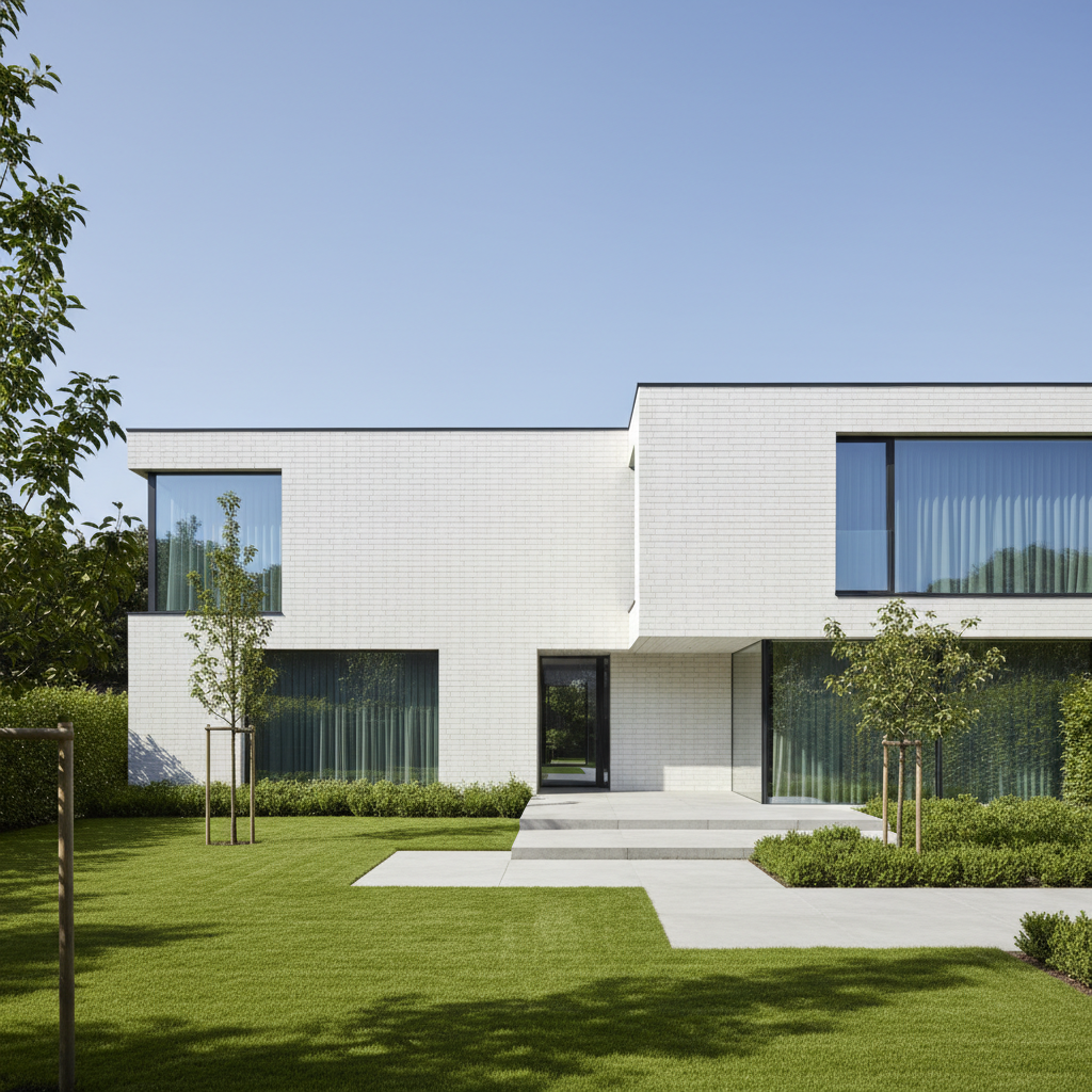 Nowoczesny, minimalistyczny dom jednorodzinny w słoneczny dzień. Elewacja jest w całości wykończona białymi płytkami silikatowymi o regularnej, ceglanej fakturze. Czyste linie budynku, duże okna i otoczenie zadbanego ogrodu podkreślają estetykę i elegancję materiału.
