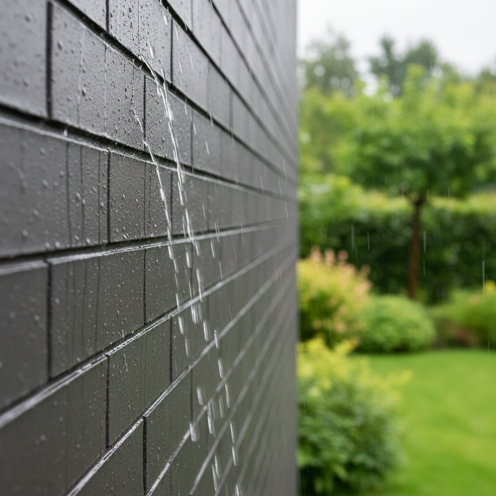 Zbliżenie na fragment nowoczesnej elewacji z grafitowej cegły klinkierowej podczas letniego deszczu. Krople wody spływają po gładkiej powierzchni cegieł, podkreślając ich niską nasiąkliwość i odporność. W tle widać zieleń ogrodu, co tworzy kontrast między naturą a solidną, stworzoną przez człowieka strukturą.