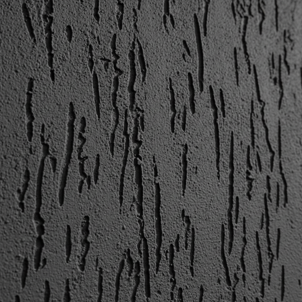 Zbliżenie na fragment ściany zewnętrznej z tynkiem o fakturze kornika w kolorze grafitowym. Wyraźnie widoczne są pionowe żłobienia, które tworzą ciekawy, dynamiczny wzór. Światło pada z boku, rzucając cienie w rowkach i podkreślając trójwymiarowość struktury.