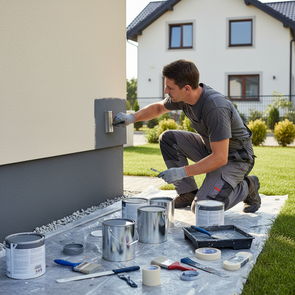 Profesjonalista malujący pędzlem dolną część ściany domu, czyli podmurówkę. Na pierwszym planie widoczne puszki z farbą elewacyjną i narzędzia malarskie.