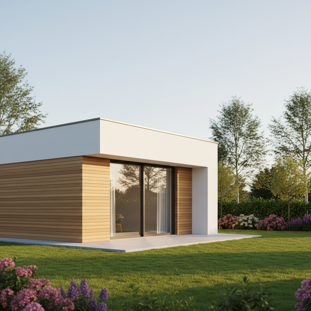 Nowoczesny dom jednorodzinny z idealnie gładką, białą elewacją, częściowo pokrytą drewnianymi panelami. Ciepłe, popołudniowe słońce oświetla budynek, podkreślając jego czyste linie i perfekcyjne wykończenie. W tle widać zadbany ogród z zielonym trawnikiem i kilkoma kwitnącymi krzewami. Zdjęcie ma aspiracyjny, pozytywny charakter.
