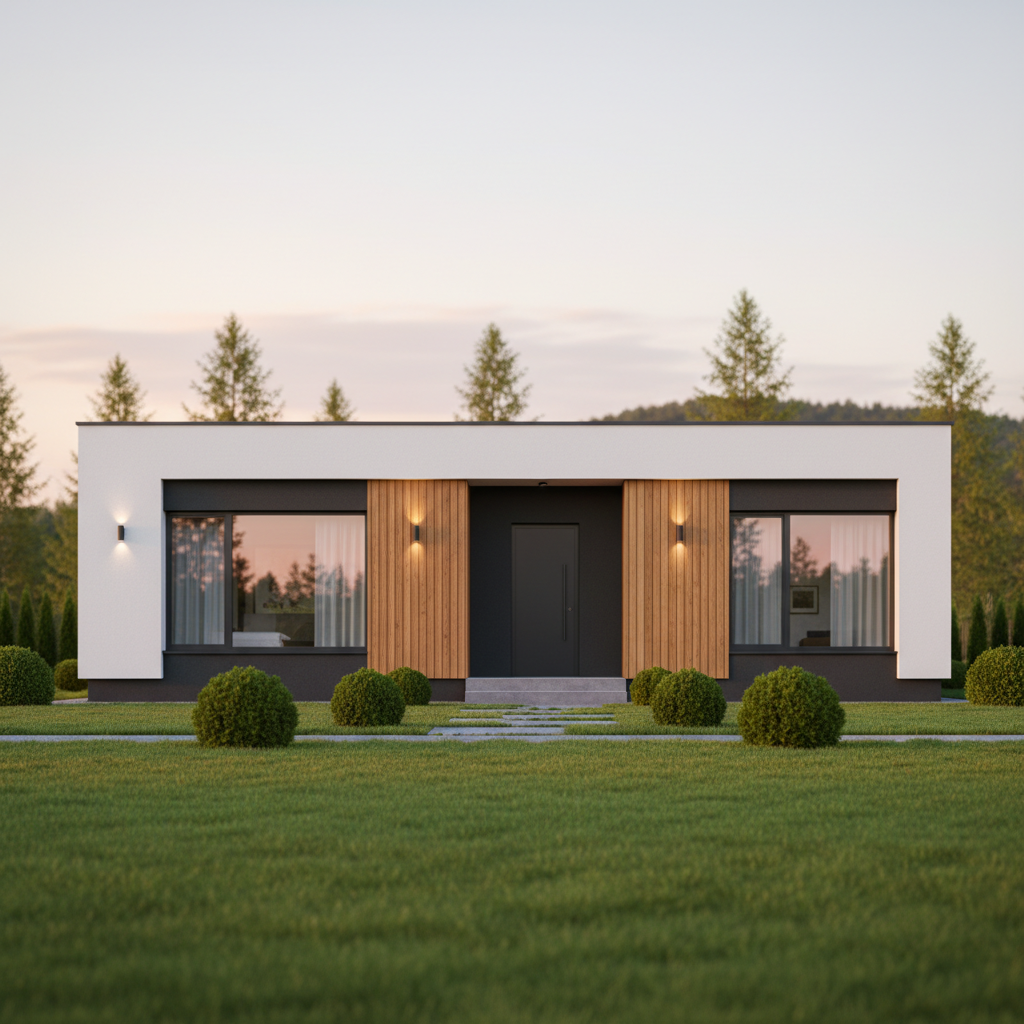 Piękny, nowoczesny dom o prostej bryle, sfotografowany w ciepłym świetle późnego popołudnia. Elewacja łączy w sobie nieskazitelną biel, elegancki grafit oraz akcenty z naturalnego, ciepłego drewna. Wokół domu zadbany ogród z zielonym trawnikiem i kilkoma ozdobnymi krzewami, co tworzy harmonijną i aspiracyjną całość.