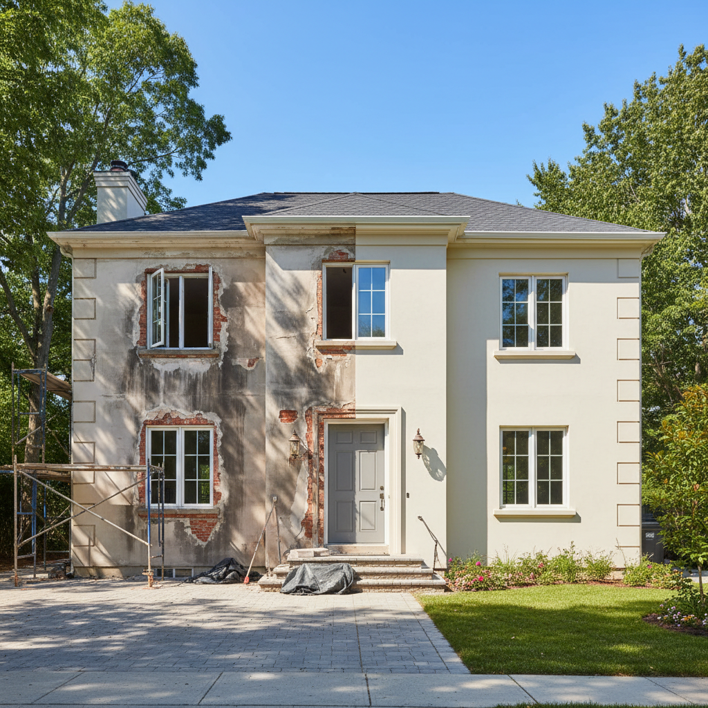 Fotorealistyczny obraz eleganckiego domu jednorodzinnego w trakcie renowacji. Połowa elewacji jest widocznie zniszczona, z ciemnymi plamami wilgoci i odpadającym tynkiem. Druga połowa jest idealnie gładka, pokryta świeżym, jasnym tynkiem, lśniąc w słońcu. Efekt przed i po w jednym ujęciu.