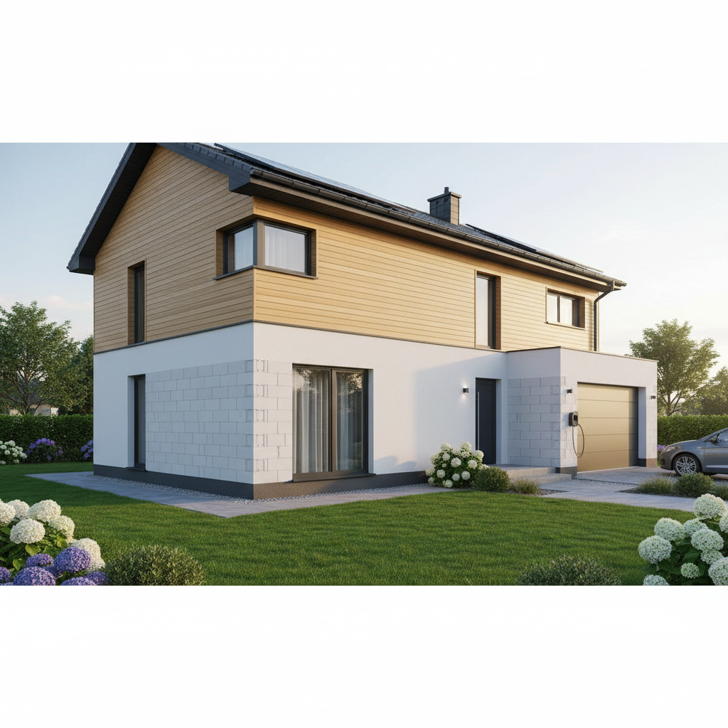 Piękna, czysta elewacja nowo wybudowanego domu. Połączenie białego tynku z panelami imitującymi naturalne drewno. Dom otoczony jest zadbanym, zielonym ogrodem. Zdjęcie symbolizuje finalny efekt – estetyczny, nowoczesny i energooszczędny budynek, którego solidny rdzeń stanowią mury z Silki.