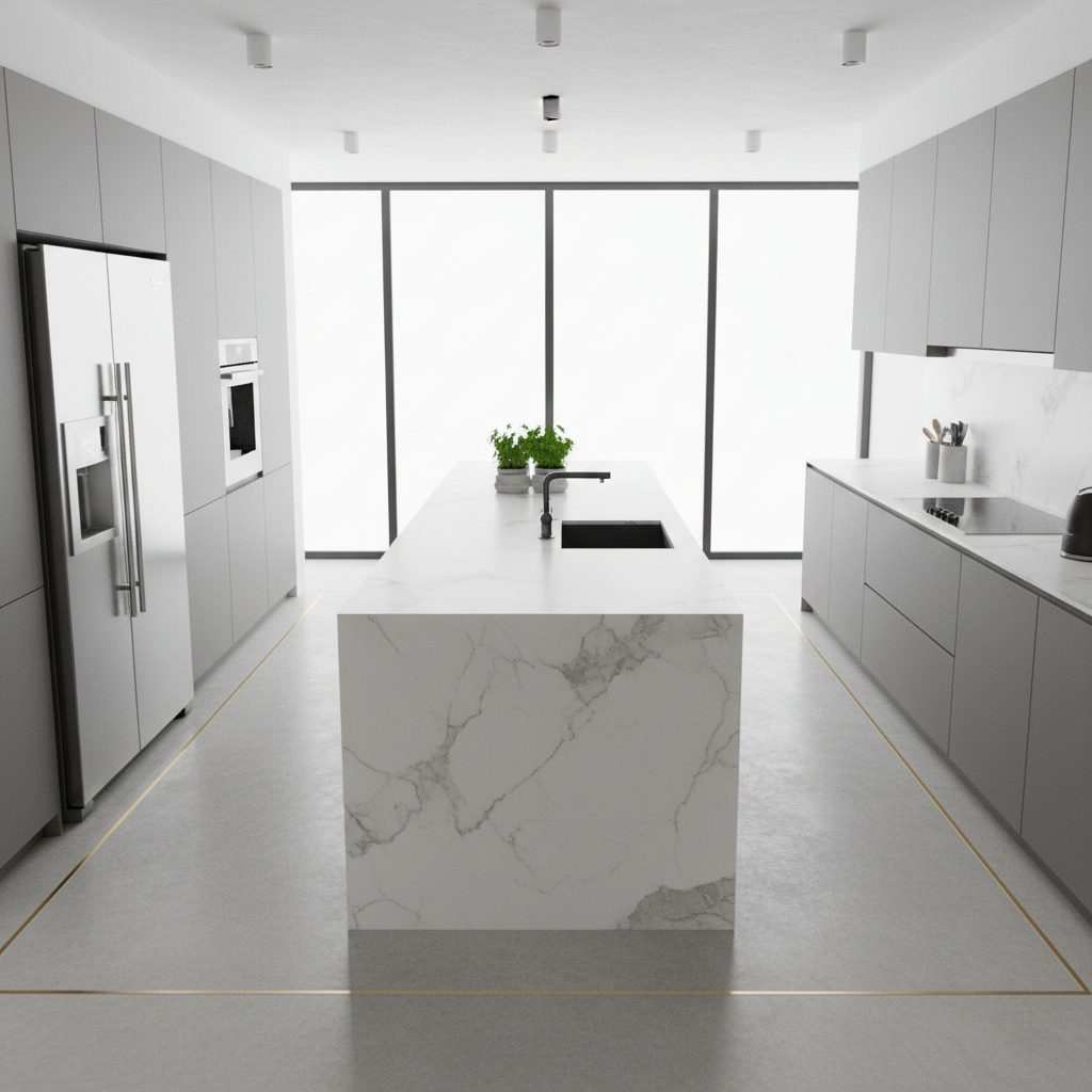 Widok z góry na elegancką kuchnię z wyspą. Na podłodze zaznaczone są delikatne linie pokazujące swobodny ruch pomiędzy lodówką, zlewozmywakiem na wyspie a płytą grzewczą przy ścianie. Wnętrze jest dobrze oświetlone, a przestrzeń wokół wyspy jest szeroka i niezastawiona, co podkreśla jej ergonomiczny charakter.
