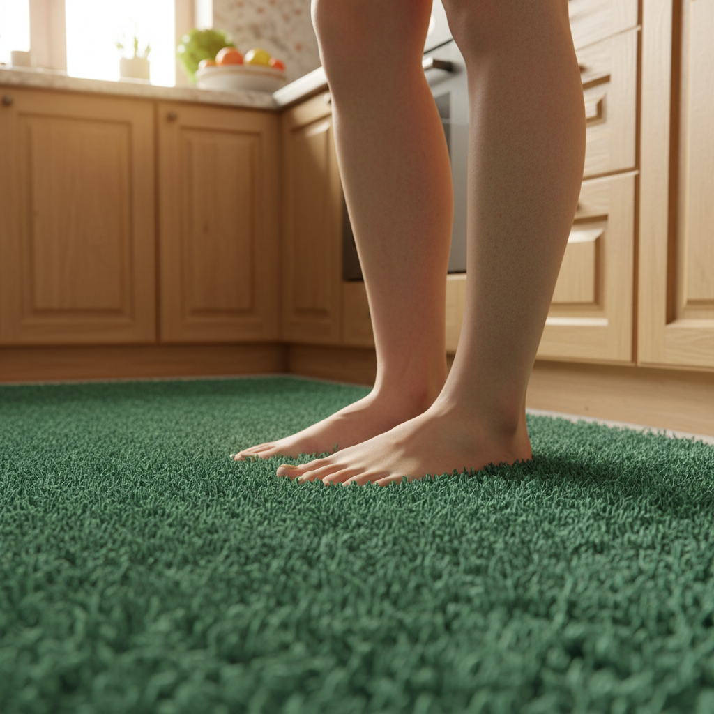 Ujęcie z perspektywy stóp osoby stojącej boso na miękkim, pluszowym dywaniku kuchennym w kolorze butelkowej zieleni. W tle widać dolne szafki kuchenne i fragment blatu, co sugeruje, że osoba przygotowuje posiłek. Światło jest ciepłe i tworzy przytulną atmosferę.