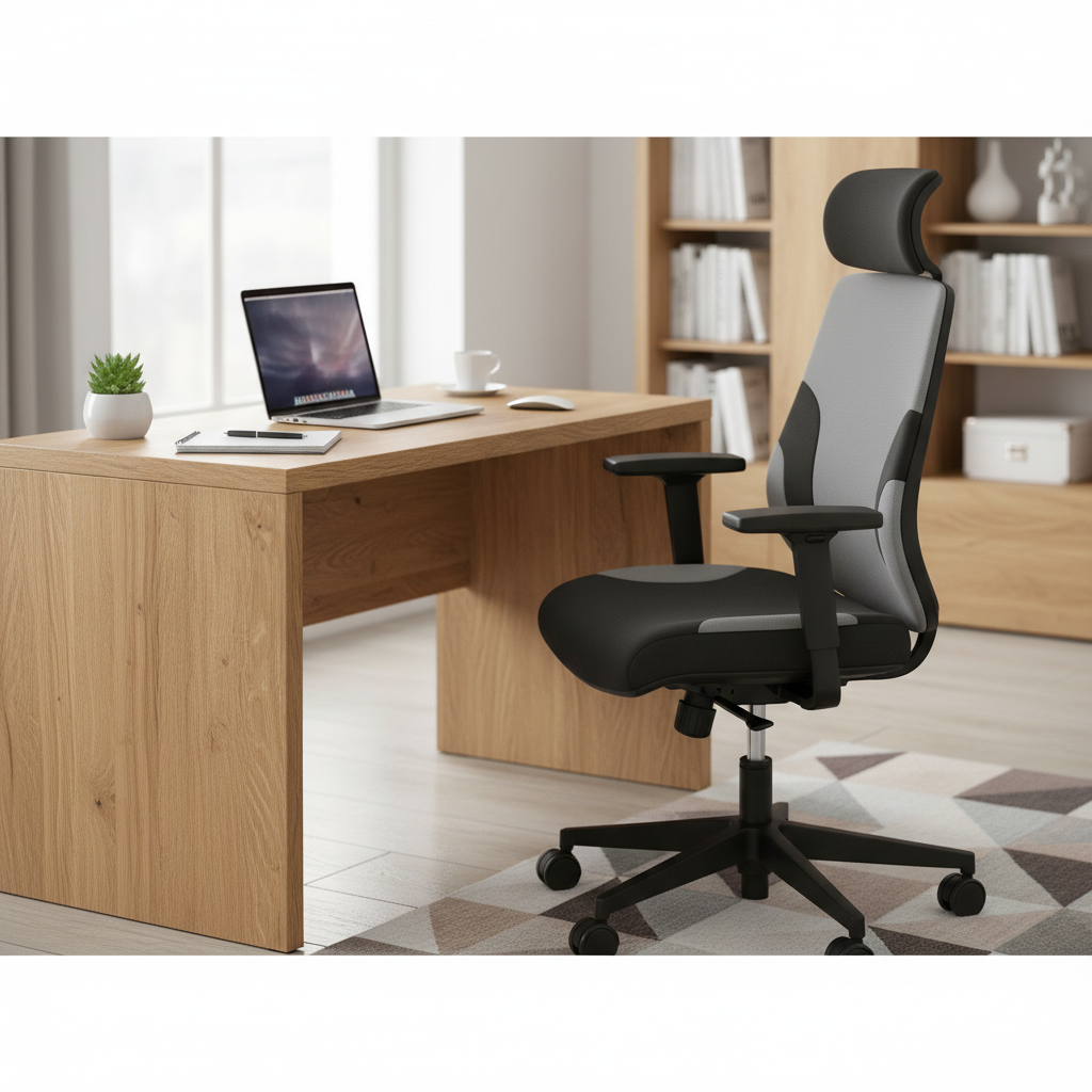 Stylowe i ergonomiczne stanowisko pracy z kolekcji Black Red White, pokazujące biurko z kolekcji Gent w kolorze dąb stirling oraz nowoczesny, regulowany fotel biurowy. Na biurku leży otwarty laptop i notatnik.