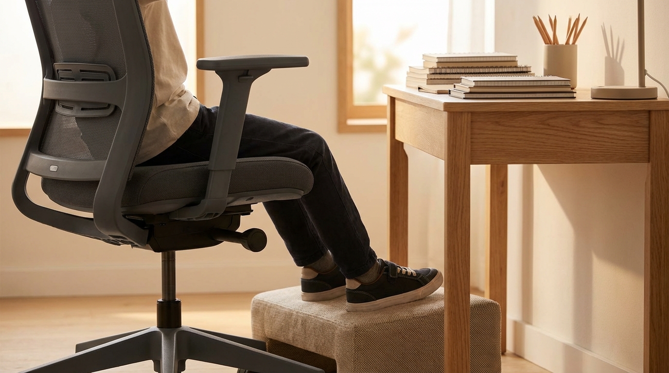 Zbliżenie na nowoczesne, regulowane krzesło ergonomiczne i fragment drewnianego biurka. Widoczne są tylko nogi dziecka w prawidłowej pozycji, ze stopami opartymi płasko na stylowym podnóżku. Na biurku leży kilka uporządkowanych przyborów szkolnych. Oświetlenie jest miękkie i ciepłe. W kadrze nie ma całej postaci, fokus jest na meblach i prawidłowej postawie nóg, co podkreśla minimalistyczną i czystą estetykę.