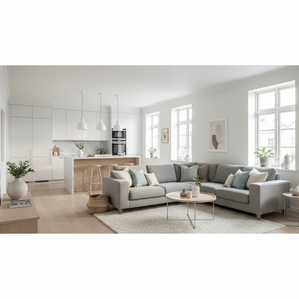 Jasny, przestronny salon połączony z kuchnią w stylu skandynawskim. W tle widać minimalistyczną, białą zabudowę kuchenną z drewnianym blatem i nowoczesnym barkiem oddzielającym ją od strefy wypoczynkowej. W salonie znajduje się duża, wygodna sofa, a na podłodze miękki dywan. Całość jest skąpana w naturalnym świetle wpadającym przez duże okna. Wnętrze jest czyste, zorganizowane i sprawia wrażenie bardzo funkcjonalnego i przytulnego, idealnego dla rodziny.