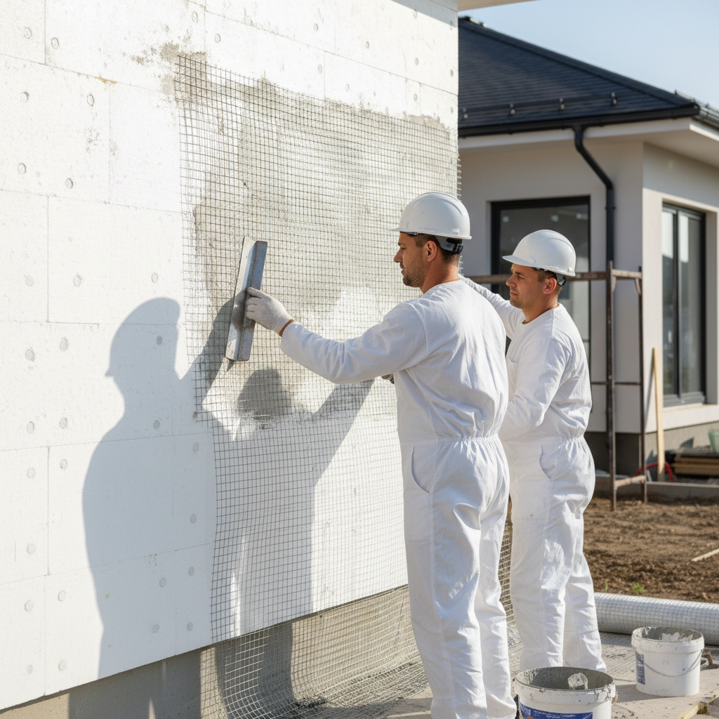 Dwóch profesjonalnych pracowników w czystych strojach roboczych, starannie nakładających siatkę zbrojącą na warstwę styropianu na ścianie nowoczesnego domu jednorodzinnego. Scena w świetle dziennym, podkreślająca precyzję i dbałość o szczegóły.