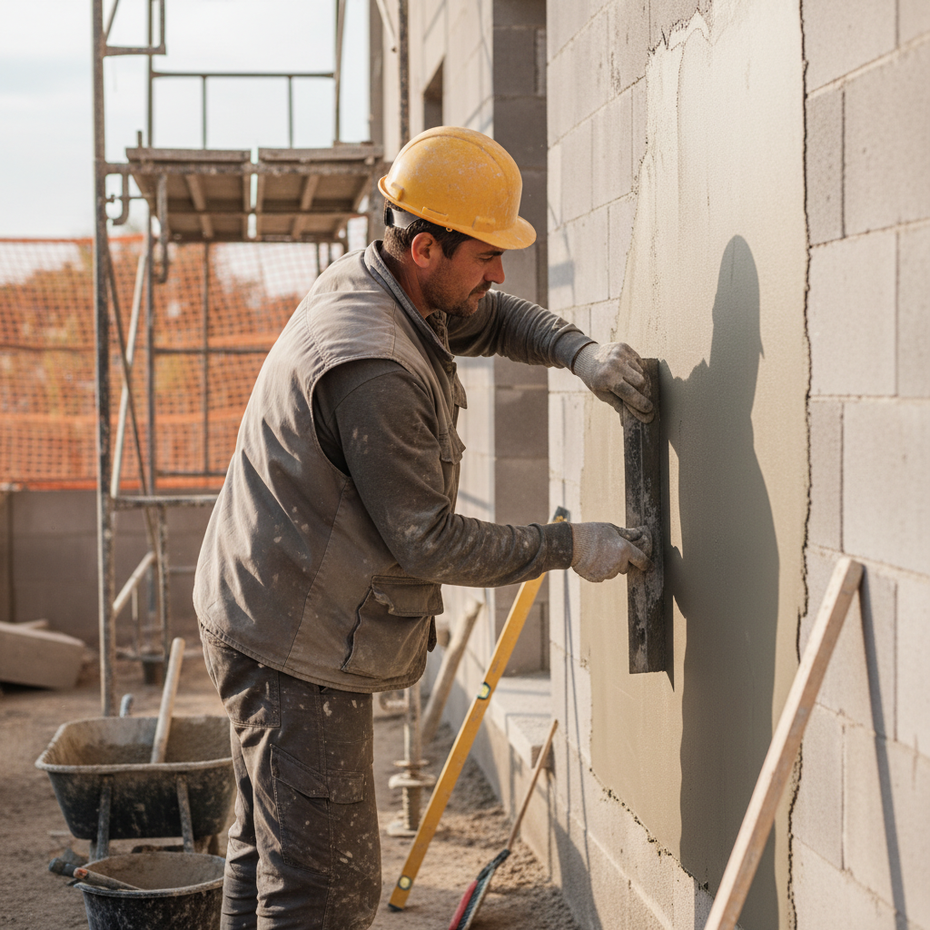 Ujęcie z boku na profesjonalnego budowlańca w roboczym ubraniu, który nakłada gładką warstwę szarej zaprawy na ścianę zewnętrzną za pomocą długiej, stalowej pacy. Słońce delikatnie oświetla scenę, podkreślając precyzję ruchów i fakturę nakładanego materiału. W tle widać fragment rusztowania i inne narzędzia budowlane.
