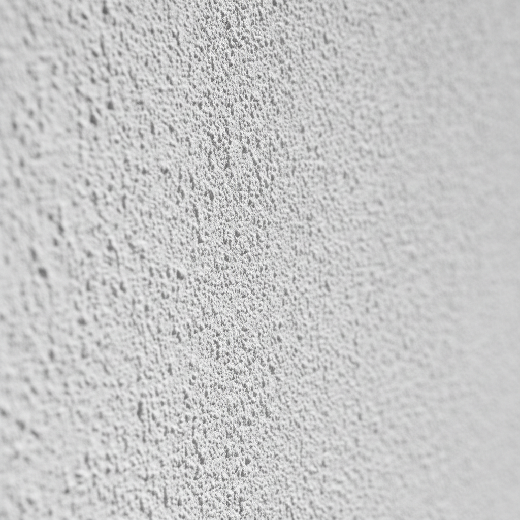 Zbliżenie na fragment ściany pokrytej białym tynkiem silikonowym o fakturze kaszy. Światło słoneczne delikatnie podkreśla strukturę materiału, ukazując jego czystość i jakość wykonania.